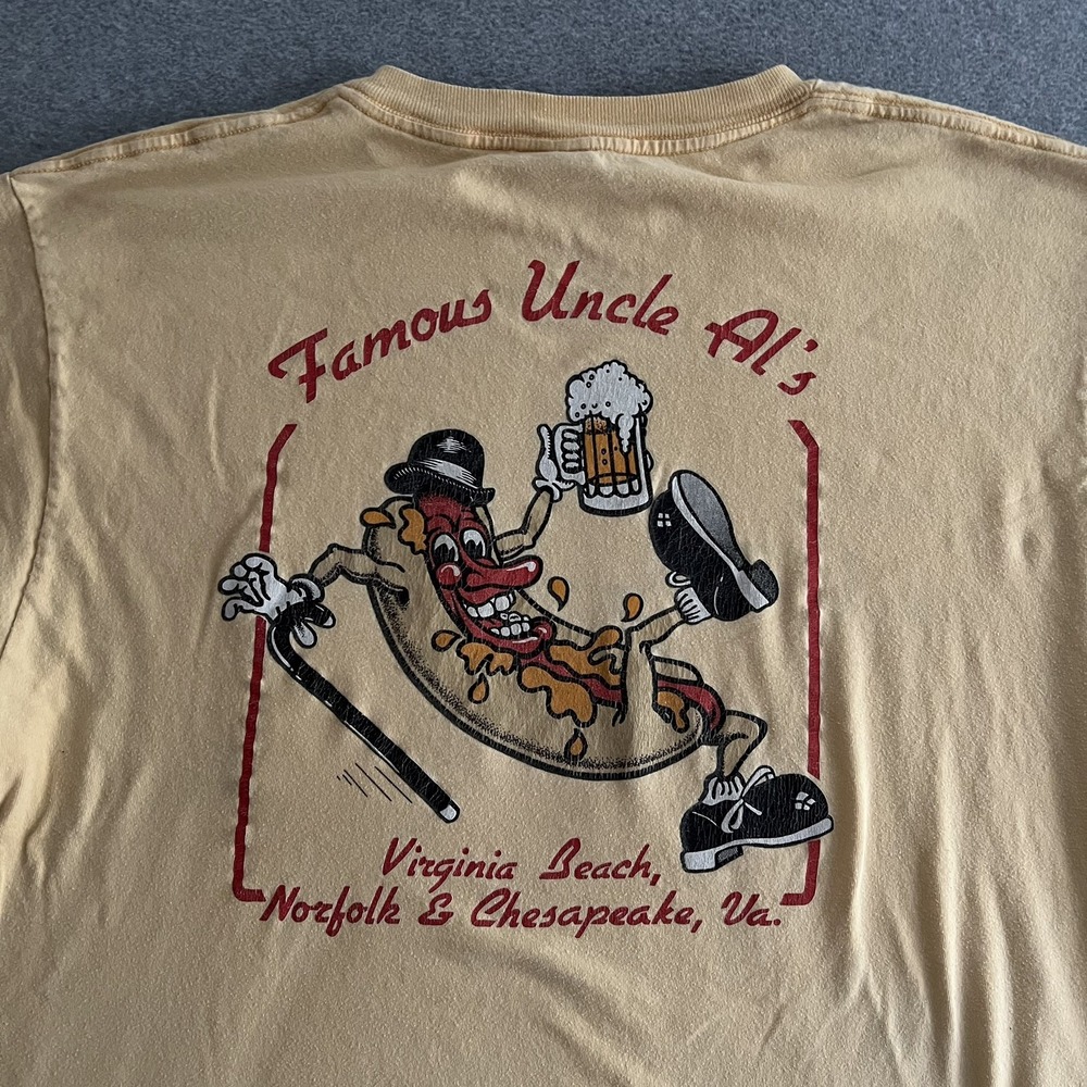 Famous Uncle Al's Mens XL Yellow Graphic Print Shirt Pocket Vtg Virginia Beach